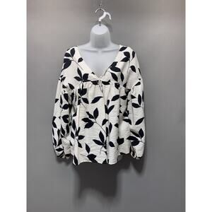 Ces Femme Abigail Top White With Black Floral Design No Tag Long Sleeve 2X